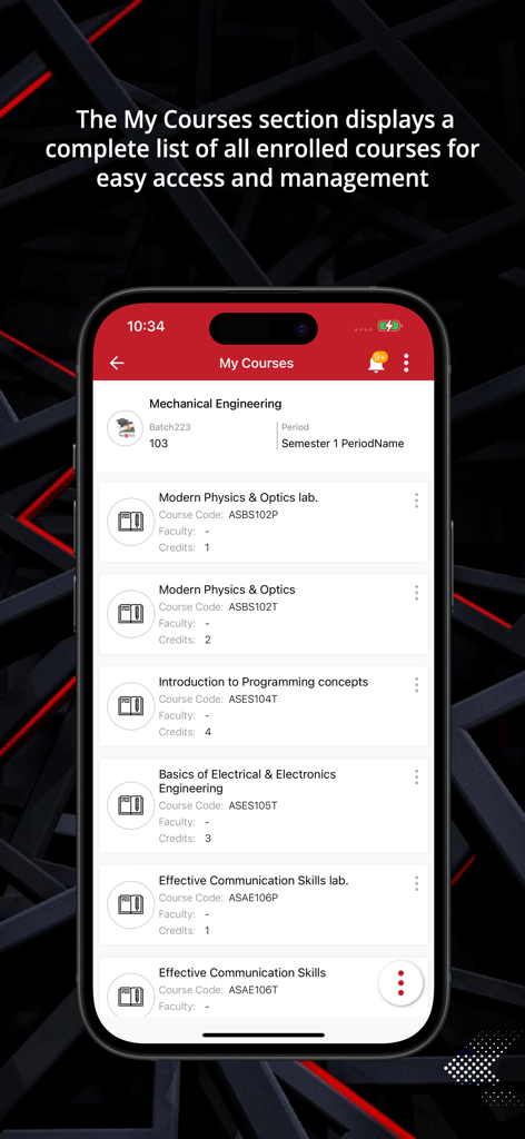 Academia @ IIT - IIT 아카데미아 모바일 앱의 스크린샷. 기계 공학 및 물리학과 같은 등록된 코스 목록을 표시합니다.