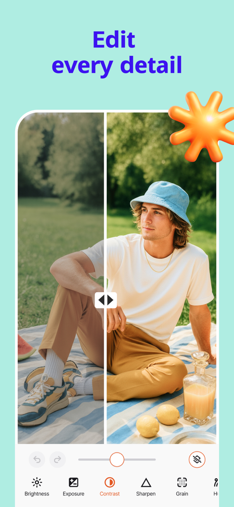 Una comparación de fotos de antes y después que muestra la edición de contraste y detalle en la aplicación Photo Up