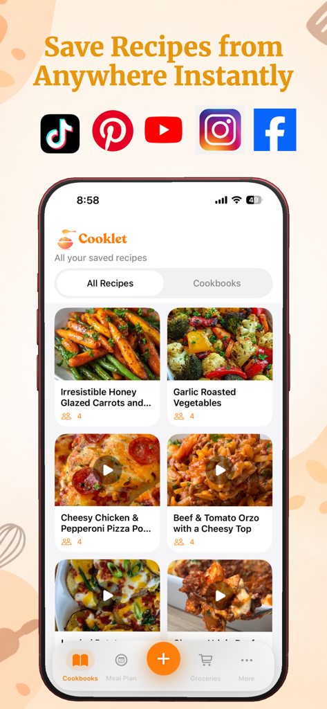 Recipe Keeper - Cooklet - Cooklet app showing a list of saved recipes imported from social media platforms like TikTok and Instagram
