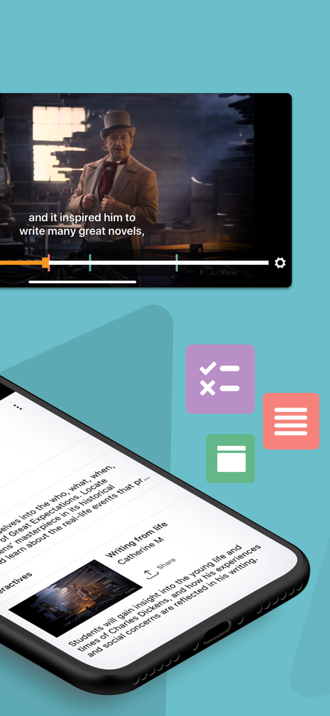 ClickView app interface displaying an interactive educational video lesson about literature on a smartphone