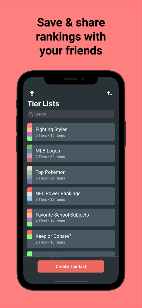 A mobile app screen showing a list of created tier lists for topics like sports, Pokemon, and school subjects with a button to create a new one.