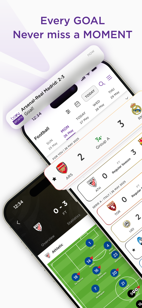 iPhone screens showing beIN SPORTS goal notifications and live soccer match details