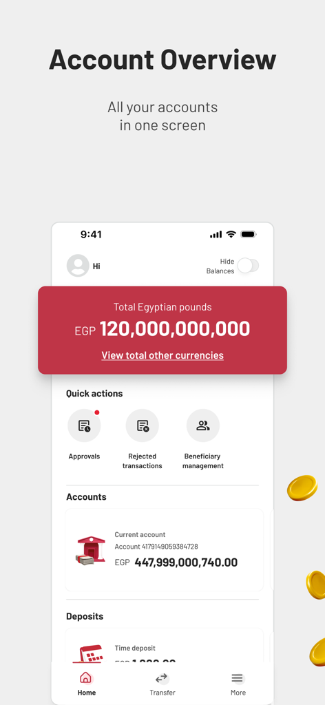 BM Online Business - BM Online Business mobile app interface showing corporate account overview with balances in Egyptian pounds and quick action buttons for approvals and beneficiary management