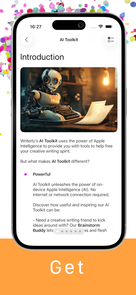 Writerly - Screenshot of the Writerly app AI Toolkit introduction screen featuring a robot at a typewriter and details on Apple Intelligence integration