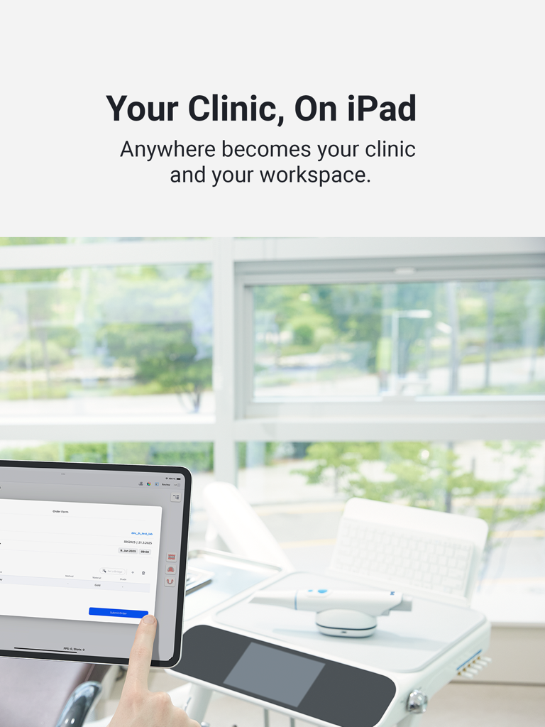 A dental professional using the Medit Link Express app on an iPad in a modern dental office setting.