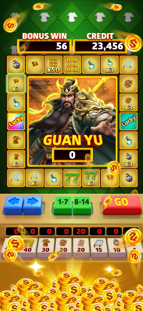 Hunter Slot - Hunter Slot mobile game interface showing a Guan Yu themed bonus level with slot icons and gold coins