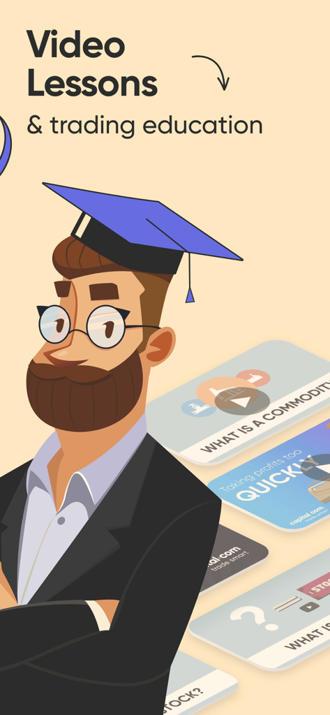 Investmate video lessons and trading education featuring a professional character wearing a graduation cap.