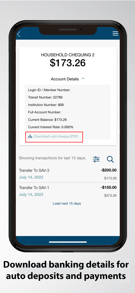 Island Savings Mobile Banking - Island Savings mobile banking app screen showing account details and a download void cheque option.