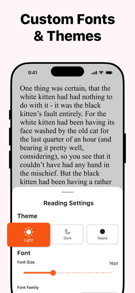 Interface do aplicativo ePub Reader mostrando configurações de leitura personalizáveis para fontes e temas, incluindo modos claro, escuro e sépia.