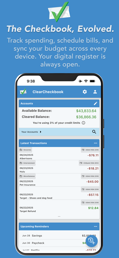 ClearCheckbook app interface showing account balances and recent transaction history