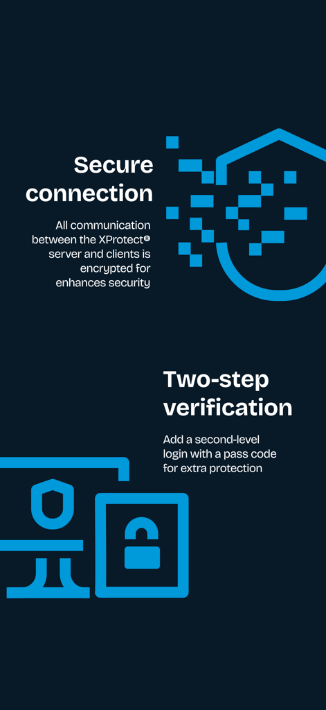 Fonctionnalités de sécurité de l'application XProtect Mobile mettant en évidence la connexion cryptée sécurisée et la vérification en deux étapes