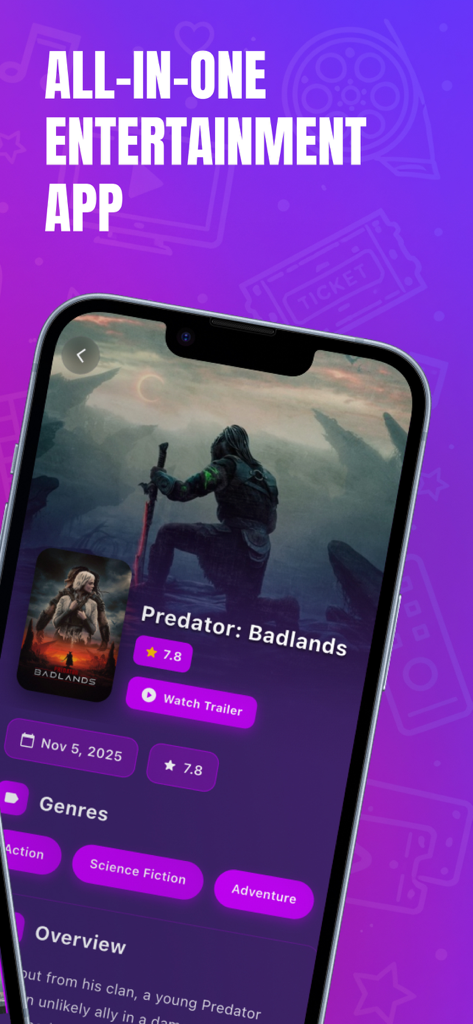 Lok L0k 앱에서 Predator Badlands의 영화 세부 정보, 평점 및 시청 예고편 버튼을 보여주는 아이폰 화면