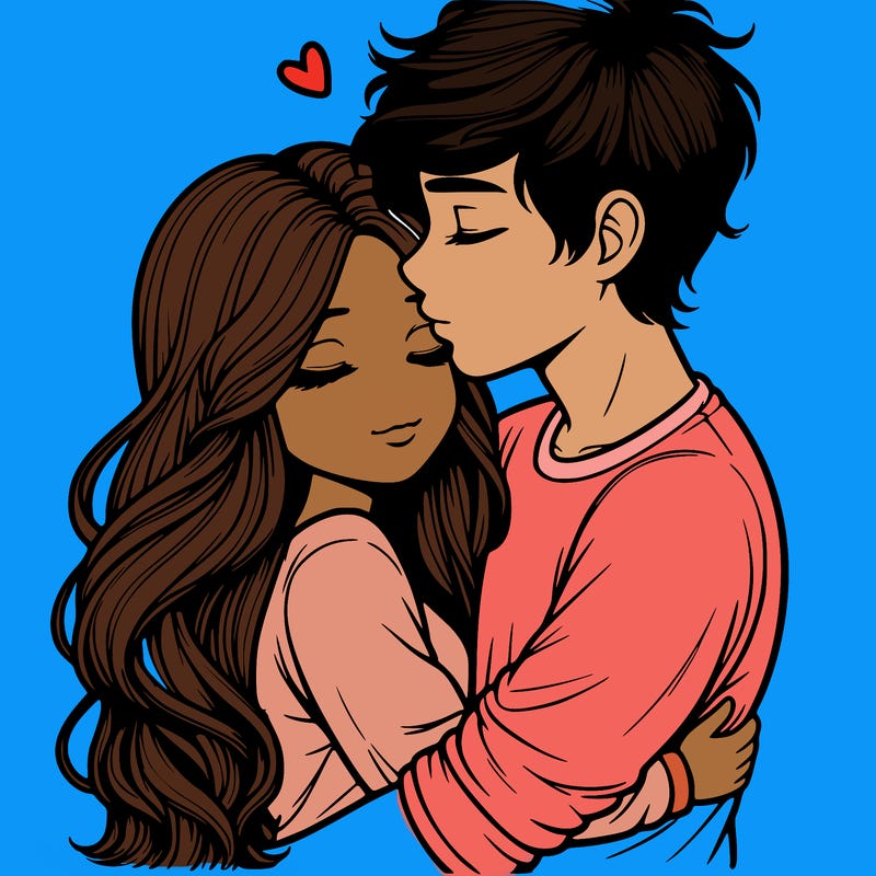 a realistic couple boy and girl hugging and kissing