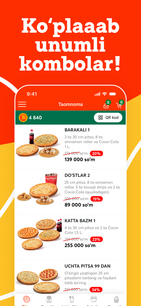 Bellissimo Pizza - Bellissimo Pizza app screen showing various pizza combo meals and special offers with price discounts.