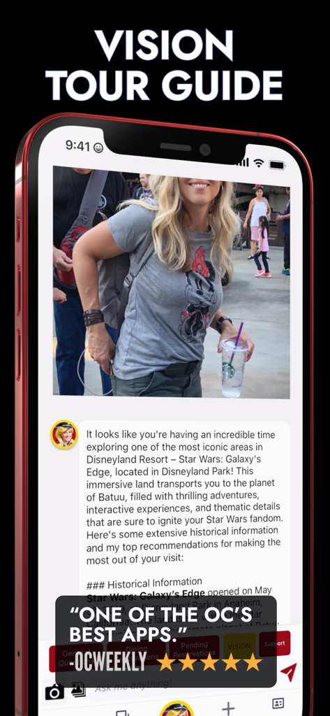 MouseWait for Disneyland - Smartphone screen showing the MouseWait app Vision Tour Guide AI assistant providing information about Disneyland attractions
