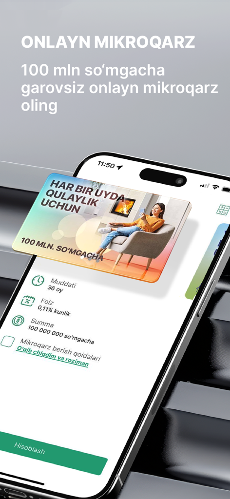Ipak Yuli Mobile app screen displaying online micro loan terms and application options