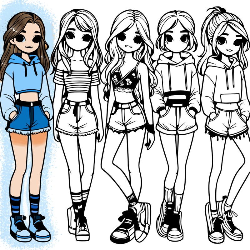 6 cute teenage girls wearing shorts and crop tops and hoodies