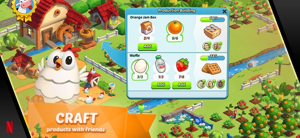 Country Friends - Interface of the Country Friends game showing the production building menu to craft products with friends.