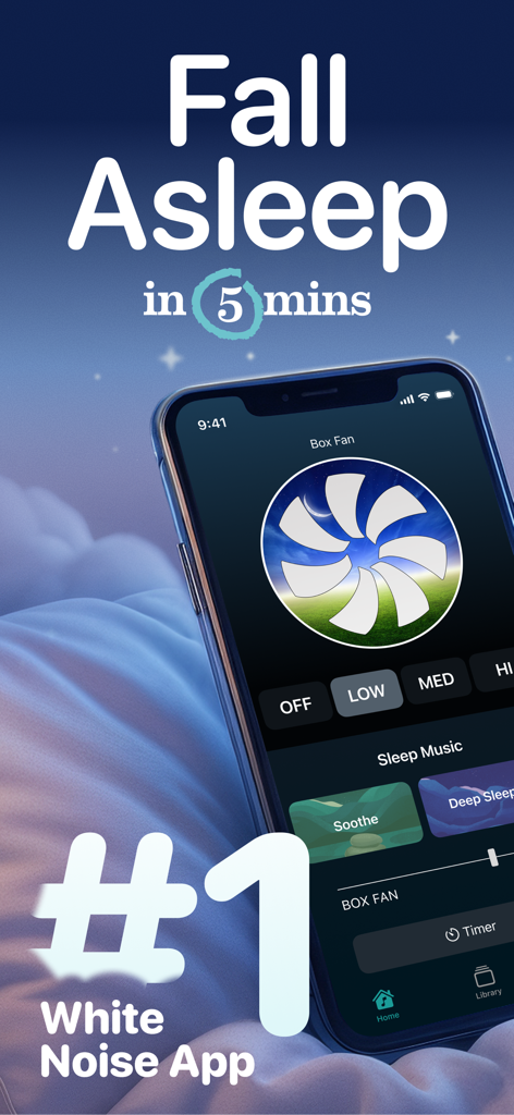 Bedtime Fan app interface on a smartphone screen with text saying Fall Asleep in 5 minutes