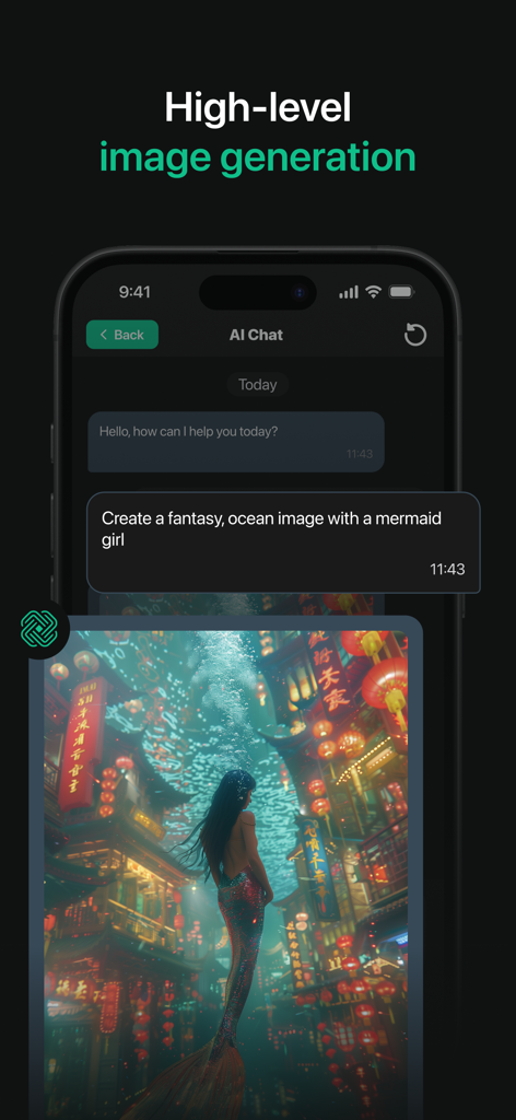 ChatCom 6: AI chat assistant - Ein Screenshot der ChatCom 6 App, der die hochleistungsfähige KI-Bilderzeugung einer Meerjungfrau in einer Fantasy-Ozeanszene zeigt.