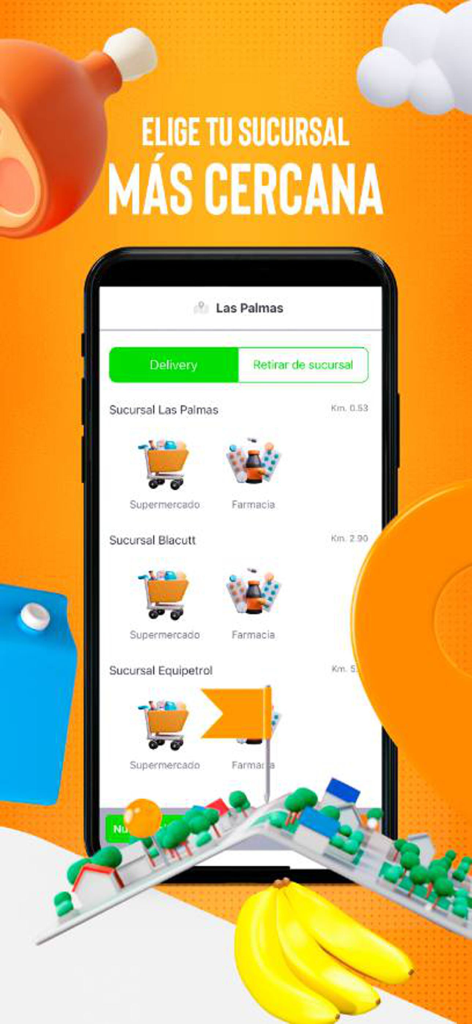 Hipermaxi - Hipermaxi app screen for selecting the nearest supermarket or pharmacy branch for delivery or pickup.