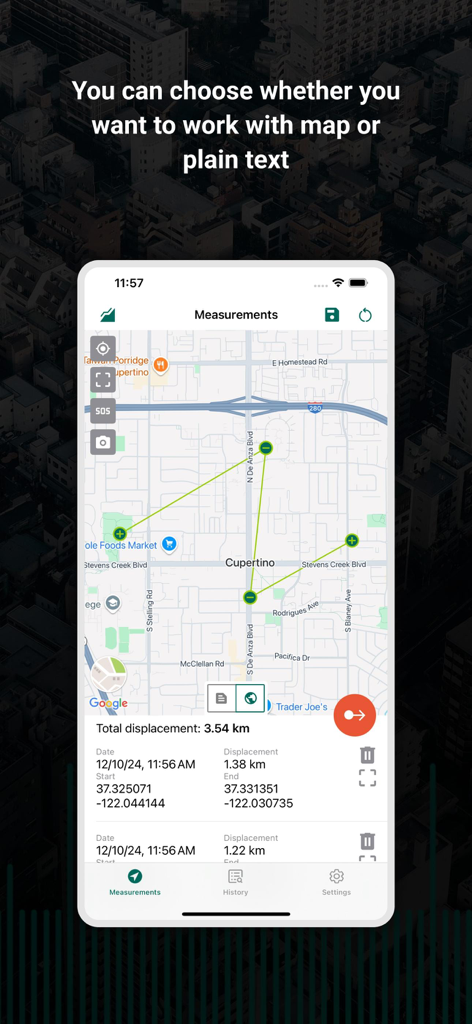 My GPS Tape Measure - Map interface of My GPS Tape Measure app showing distance tracking and location coordinates