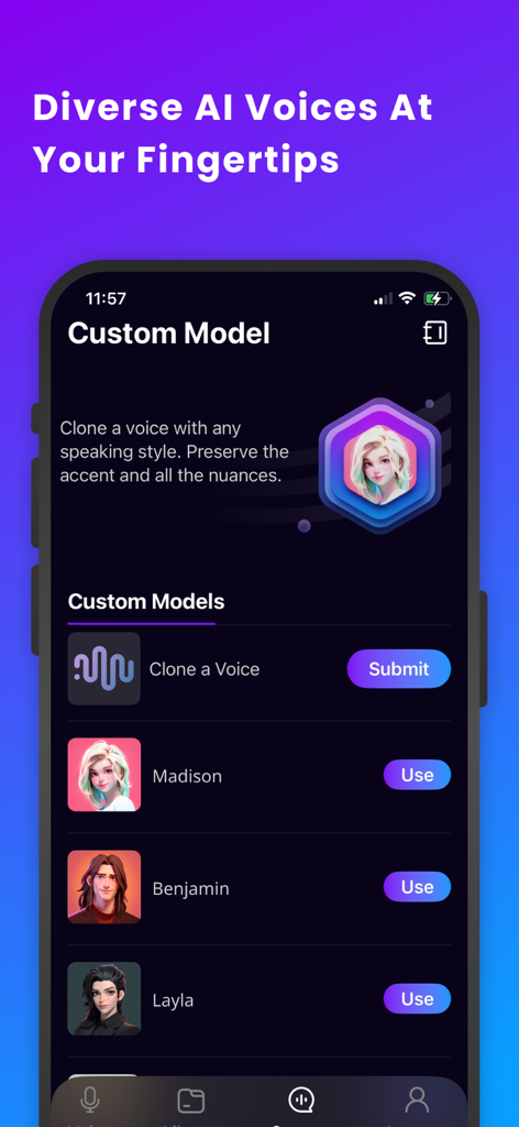 VoiceTrans - AI Voice Changer - 사용자가 목소리를 복제하거나 Madison 및 Benjamin과 같은 AI 음성 프로필 중에서 선택할 수 있는 사용자 정의 모델 화면을 보여주는 VoiceTrans 앱 인터페이스
