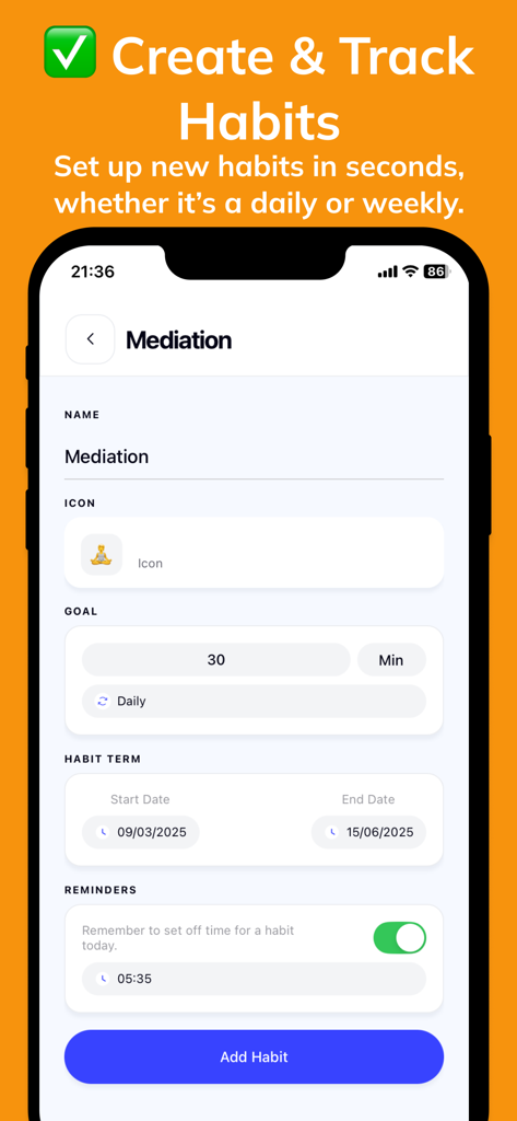 Habit Simple: Habitify Tracker - Habit Simpleアプリの作成画面のスクリーンショット。目標設定とリマインダーを備えた毎日の瞑想習慣を作成するためのものです