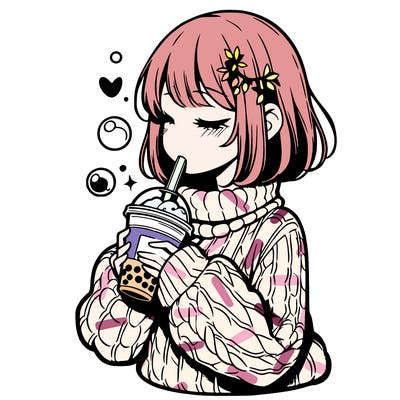 manga girl drinking boba in cozy sweater