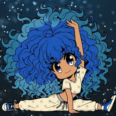 an anime girl with really curly hair doing a split in the air