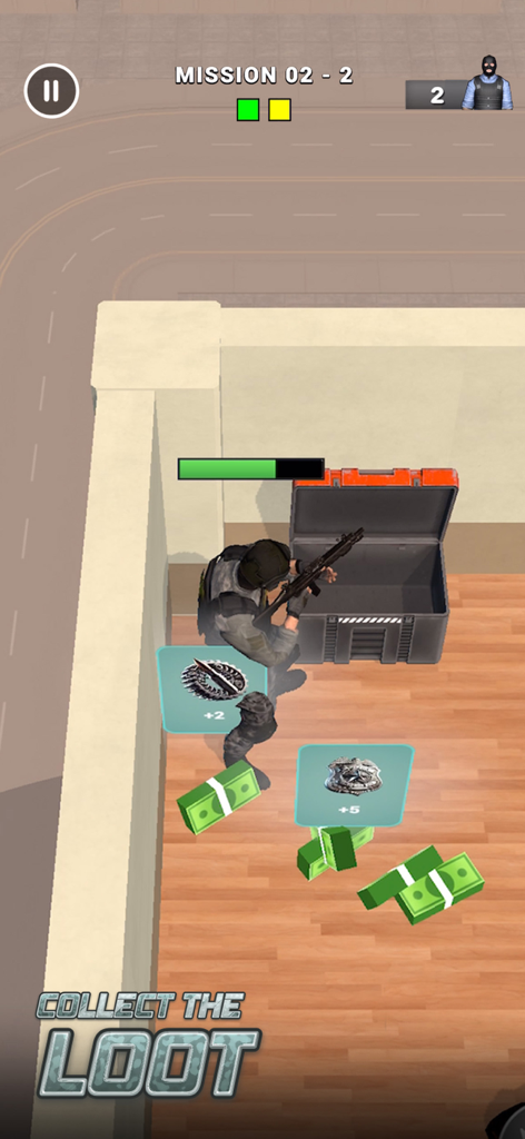 Rescue Agent: Shoot & Hunt - Agente da SWAT coletando loot de dinheiro e equipamentos em um jogo de tiro tático de cima para baixo