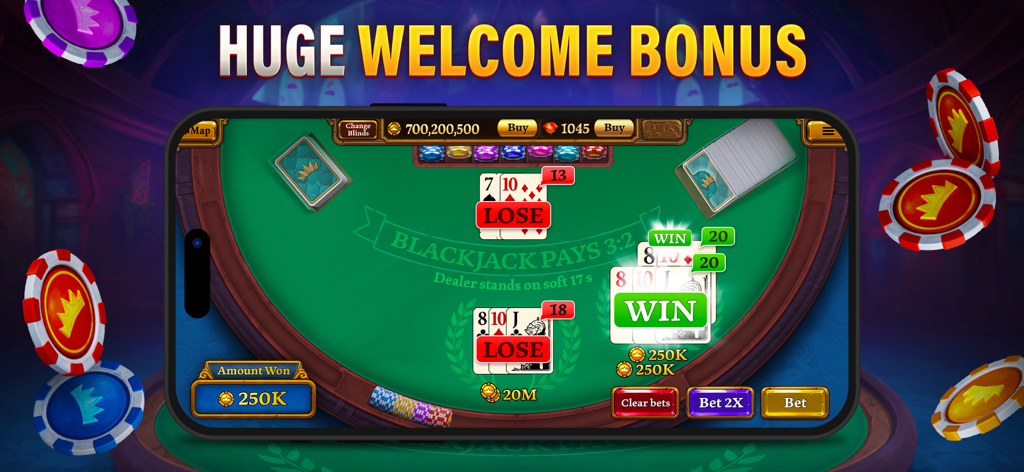 Blackjack gameplay on a mobile phone with a huge welcome bonus announcement