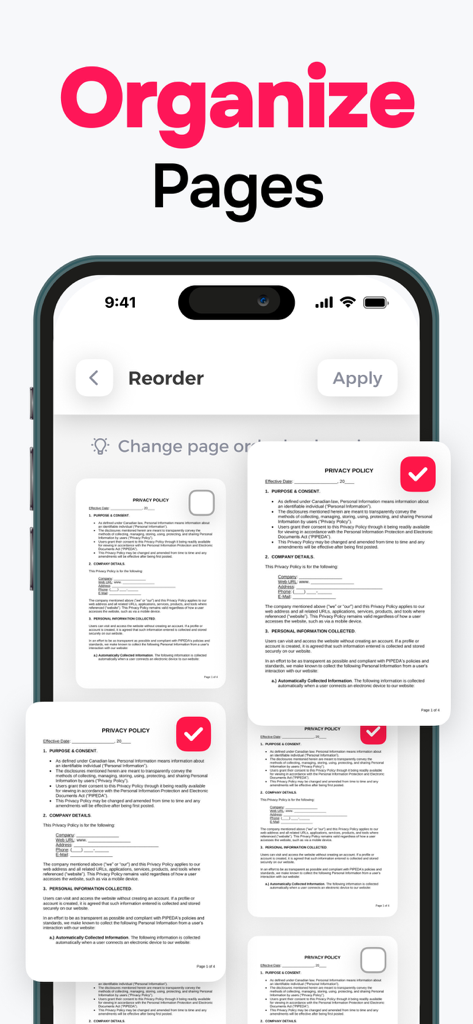 PDF Scanner. Scan Document. - iPhoneアプリインターフェイスに、スキャンされた複数のドキュメントページを並べ替え、整理する方法が表示されています。