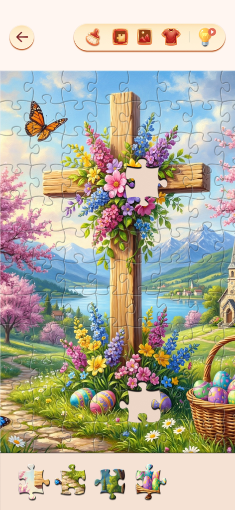 Bible Jigsaw Puzzles - Juego de un puzle de jigsaw con temática bíblica que presenta una cruz floral y huevos de Pascua.