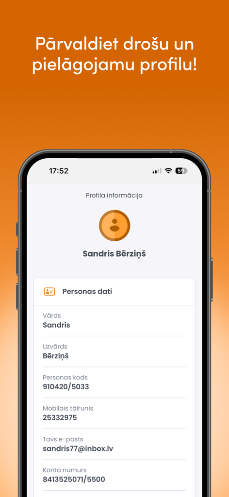 SMScredit.lv - Personal information and profile management screen in the SMScredit.lv mobile app
