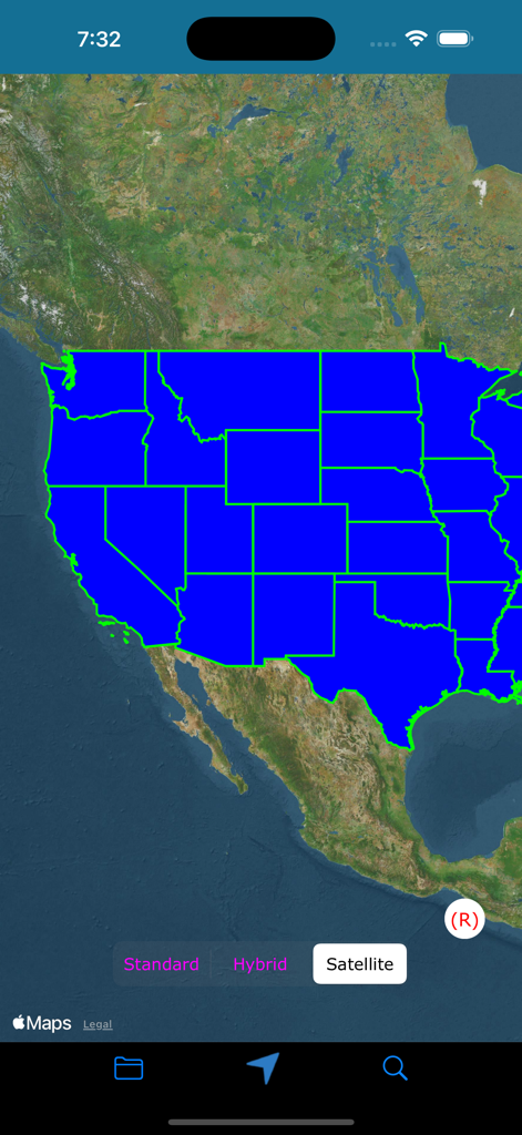 KML & KMZ Files Viewer - Satellite map of the United States with blue state overlays and green boundaries in the KML and KMZ Files Viewer app.