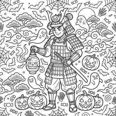 Unleash your creativity with this captivating Hatamoto Halloween coloring page, where ancient samurai tradition meets spooky festive fun. This unique illustration combines a valiant Japanese warrior with a delightful array of jack-o'-lanterns, ghosts, and festive Halloween elements, perfect for a unique coloring experience.