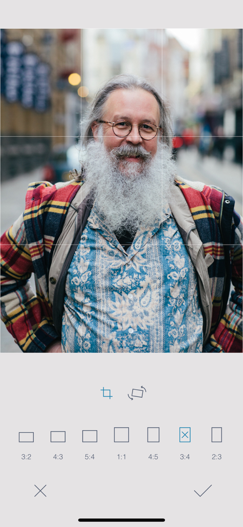 RNI Flashback app interface showing the crop tool with aspect ratio options and a portrait photo being edited