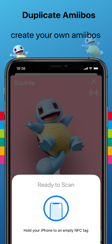 AmiiBot - AmiiBot app screen showing an iPhone ready to scan an NFC tag to duplicate a Squirtle Amiibo.