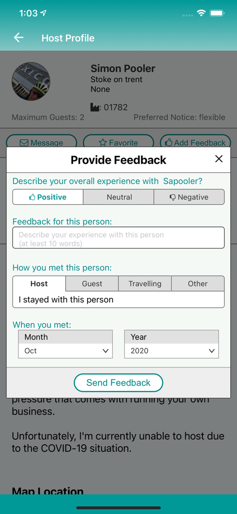 Warmshowers App - A mobile app interface showing a feedback form for a host on the Warmshowers community platform