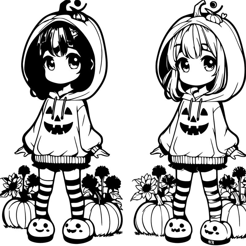 pretty anime girl with medium length hair wearing a jack-o'-lantern hoodie with a stem on top of her head halloween leggings and cute pumpkin slippers on her feet and she's standing in a pumpkin patch