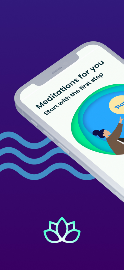 Sleep & Meditation with Zendo - Ein Smartphone, das den Willkommensbildschirm der Zendo-App mit dem Text 'Meditationen für dich' und einem Lotusblumen-Logo anzeigt.