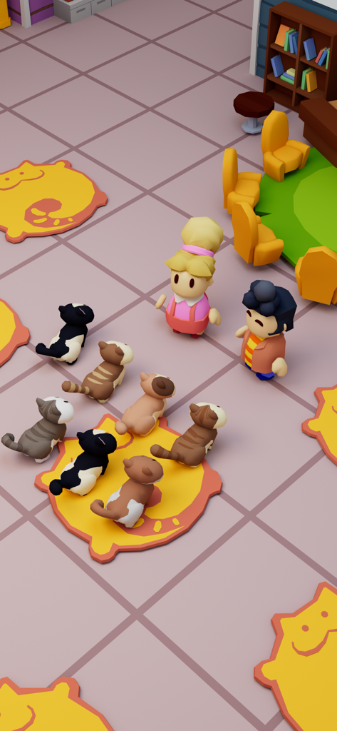 Two volunteers and several cats in a cozy play area with cat-shaped rugs