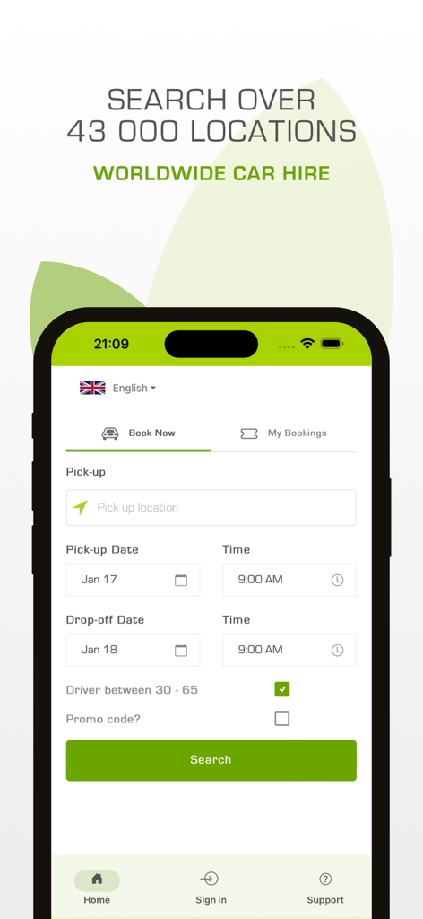 Pantalla de búsqueda de la aplicación Green Motion Car Rental para alquiler de vehículos en todo el mundo