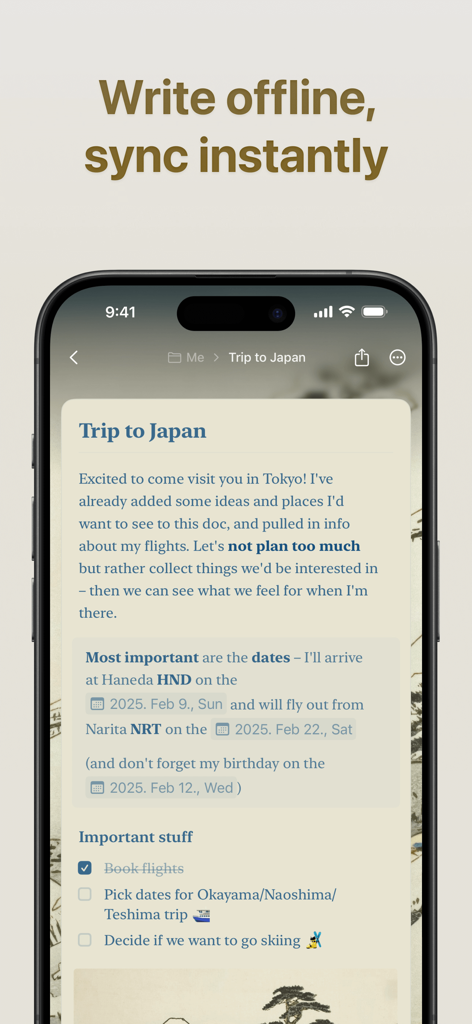 Craft: Docs, Notes, Tasks & AI - Un smartphone que muestra la aplicación Craft con un documento titulado Viaje a Japón y un titular que dice Escribe sin conexión, sincroniza al instante