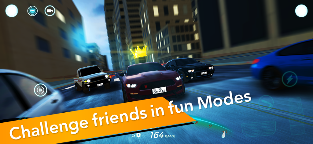 A group of customized cars racing through a city at night with one car crowned as the leader in Gomat Drift and Drag Racing