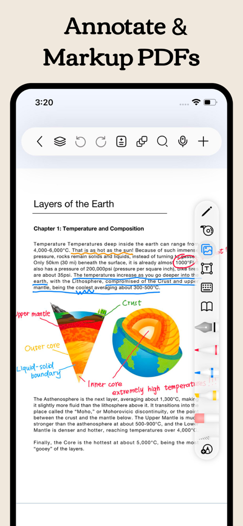 Freenotes: AI Notes Taking - A screenshot of the Freenotes app showing a science PDF being annotated with handwritten notes and highlights