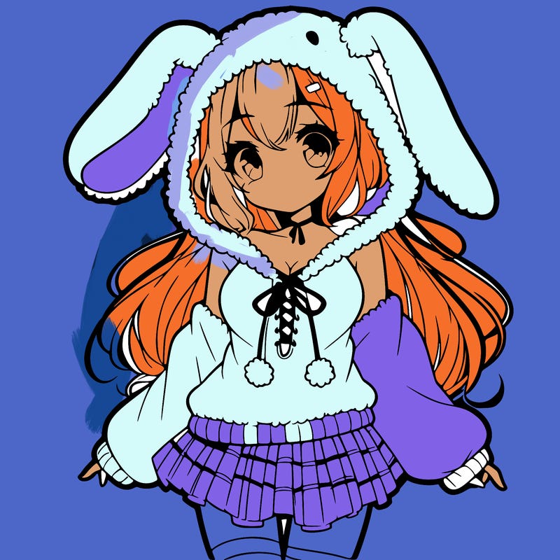 pretty anime girl wearing a fluffy hoodie with bunny ears on the hood and a skirt