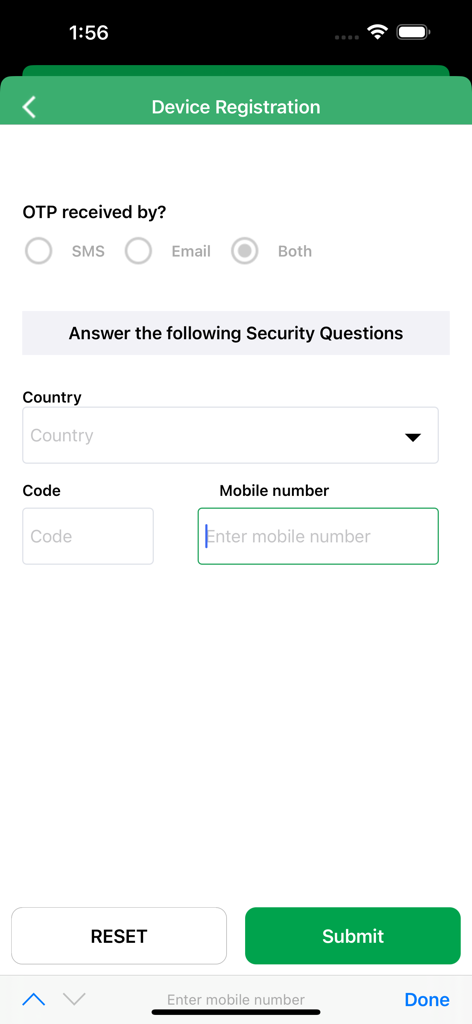 PI Offshore Banking - Device registration screen in the PI Offshore Banking app showing OTP preferences and phone number input