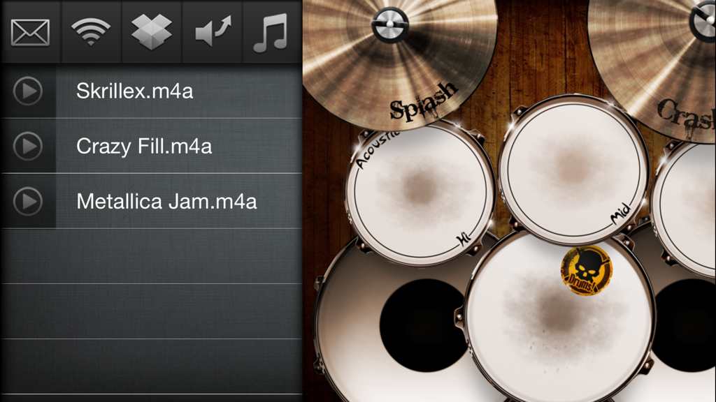 Drums! - A studio quality drum kit in your pocket - Interface of the Drums app showing a list of recorded tracks and file export options